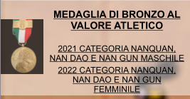 MEDAGLIA DI BRONZO AL VALORE ATLETICO   2021 CATEGORIA NANQUAN, NAN DAO E NAN GUN MASCHILE 2022 CATEGORIA NANQUAN, NAN DAO E NAN GUN FEMMINILE